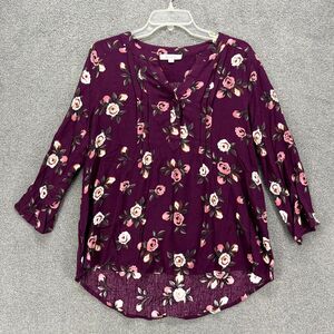 Monday Fun Top Womens Medium Purple Floral Henley V Neck‎ Blouse